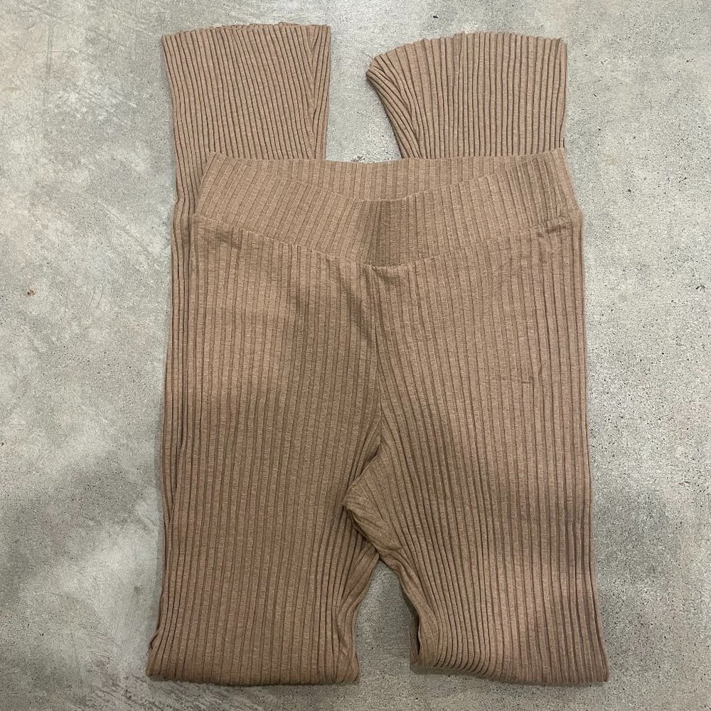 Calé Ribbed Knit High Rise Tan Flare Pants - Picture 2 of 3
